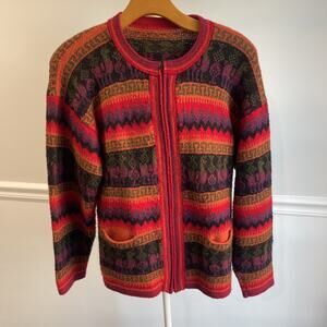 Arcohis Alpaca Wool Cardigan Sweater Lama Print Colorful Zip Front Crew Sz M VTG